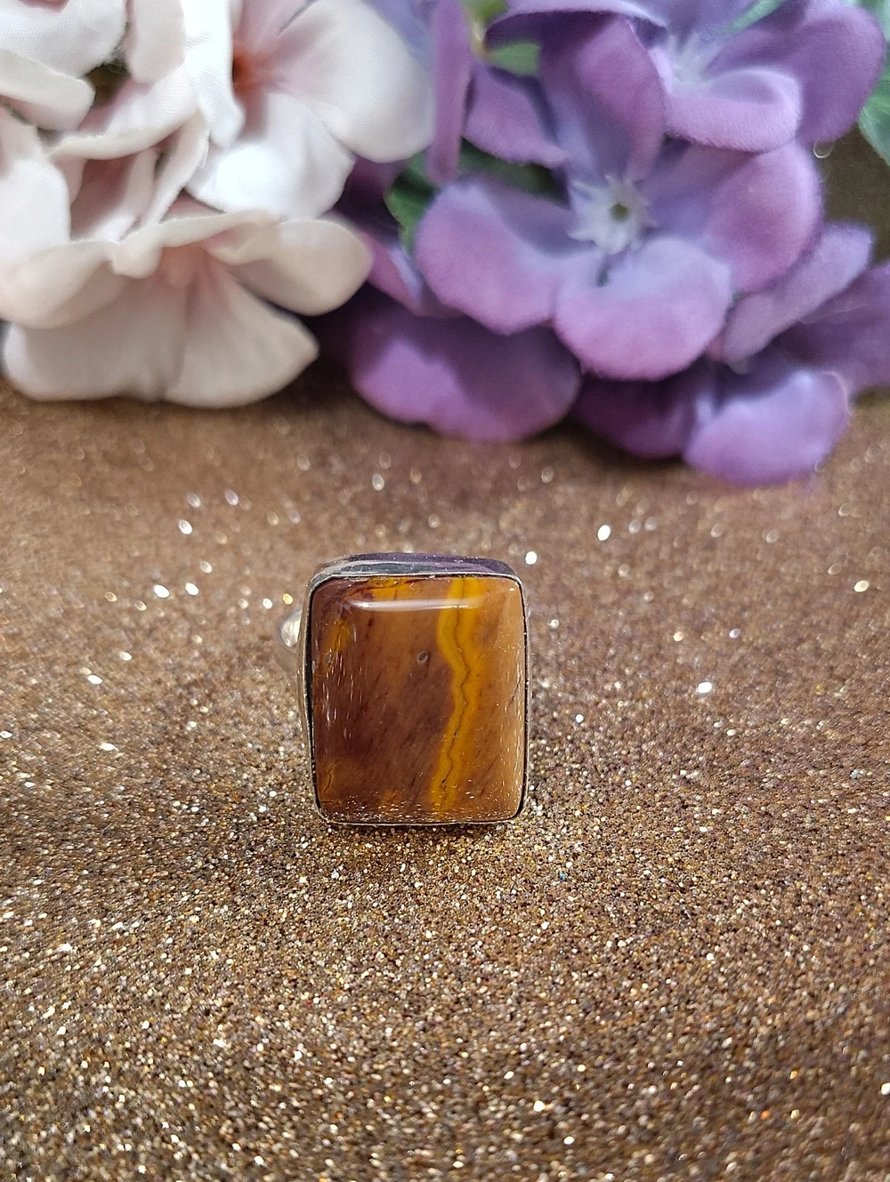Amber Gemstone Silver Ring - Size 10